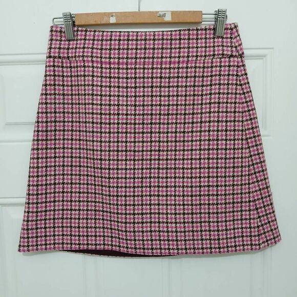 J crew women size 0 wool tweed plaid A-line mini skirt houndstooth pink - Picture 4 of 6